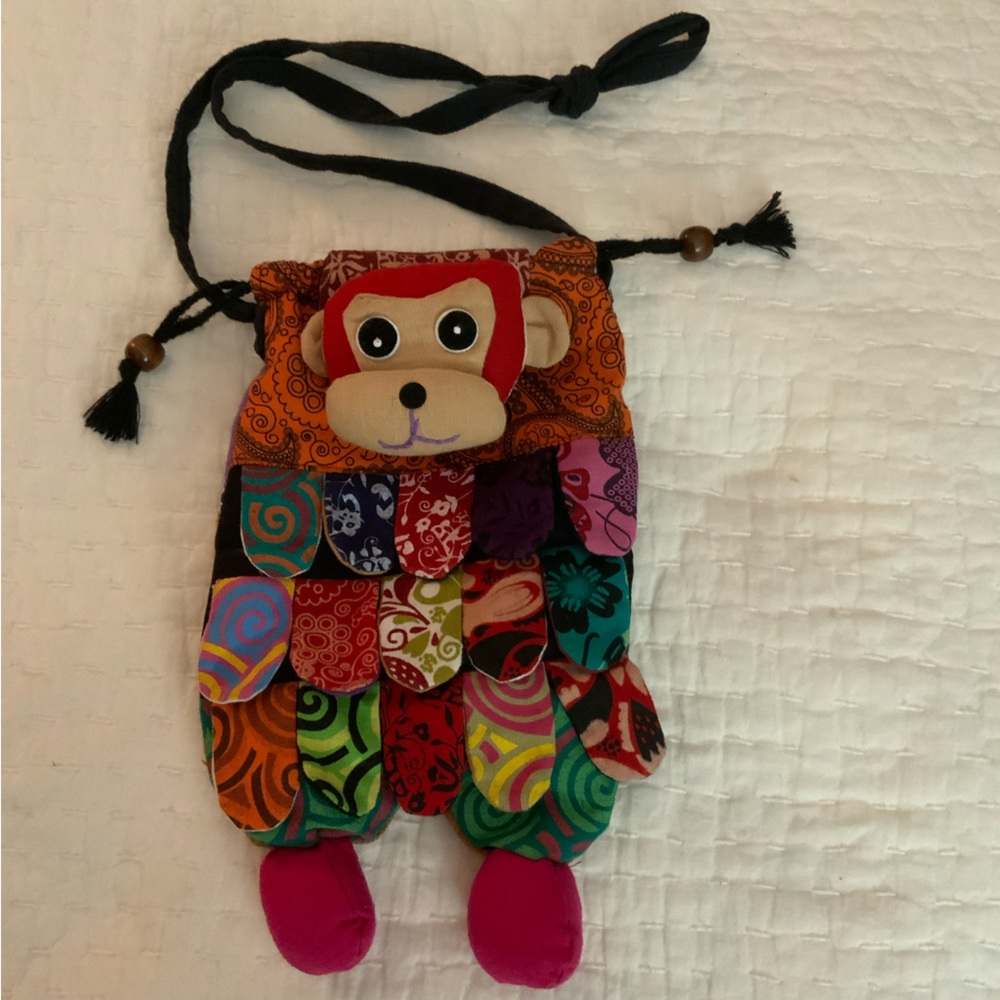 Ethnic Craft Cloth Monkey Shoulder Strap Drawstring Bag with Zipper Pouch